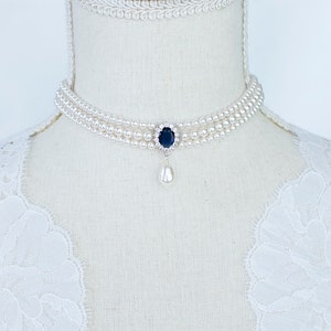 Vintage Romantic Style Blue Sapphire Bridal Choker Necklace Wedding Pearl and Sapphire CZ Bridal Choker  Vintage Swarovski Pearl Necklace