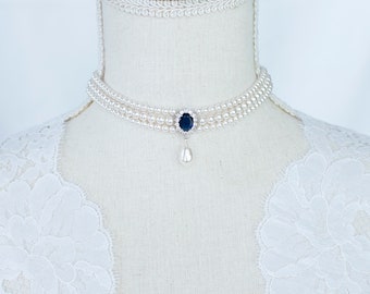 Vintage Romantic Style Blue Sapphire Bridal Choker Necklace Wedding Pearl and Sapphire CZ Bridal Choker  Vintage Swarovski Pearl Necklace