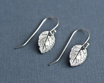 Leaf Earrings, Sterling Silver Rose Leaf Earrings, Tiny Rustic Botanical Leaf Earrings in Sterling Silver,  Dainty Modern Everyday Earrings