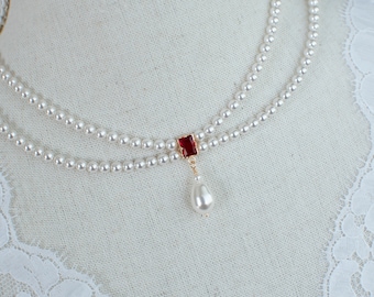 Vintage, Romantic Style Deep Red Cubic Zirconia Necklace,Wedding Pearl and Ruby CZ Bridal Choker, Ruby CZ Multi Row Swarovski Pearl Necklace