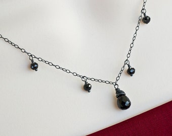 Black Spinel Necklace, Oxidized Sterling Silver Necklace, Wire Wrapped Oxidized Sterling Silver and Black Spinel Neklace