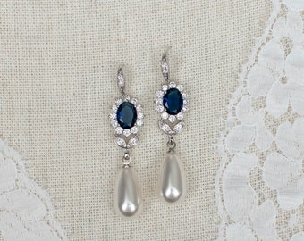 Blue Sapphire Bridal Earrings, Sapphire Bridal Earrings, CZ Blue Sapphire Pearl Stud Earrings, Round CZ Swarovski Pearls Stud Earrings