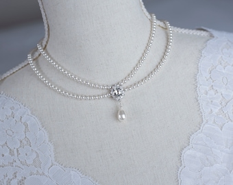 Vintage, Romantic Style White CZ  Necklace, Victorian Wedding Pearl and White CZ Bridal Choker,  Romantic Multi Row Vintage Swarovski Pearl