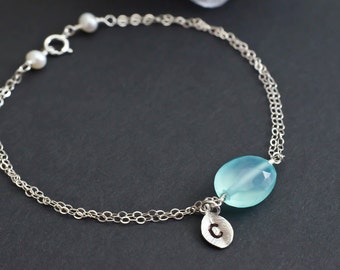 Personalized Bracelet, Aqua Blue Chalcedony Initial Bracelet, Bridesmaid Gift, Bridesmaid Bracelet, Monogram Initial Bracelet