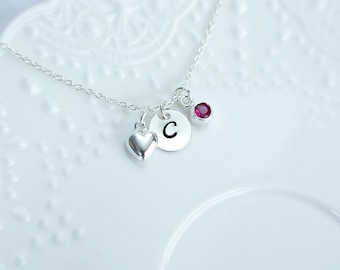Birthstone Initial Necklace -  Cubic Zirconia Birtstone initial necklace, Sterling Silver Tiny Heart Charm and Round Initial Disc