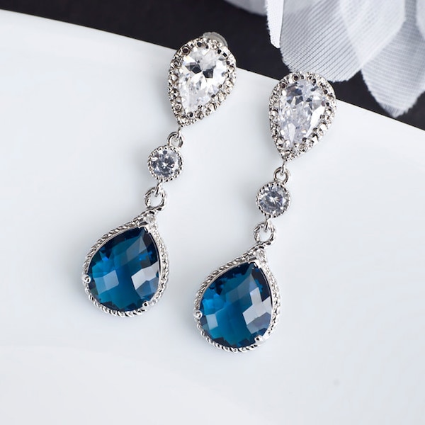 Sapphire Earrings, Blue Sapphire Bridal Earrings, Cubic Zirconia Ear Posts, Cubic Zirconia Connectors and Blue Sapphire Teardrops