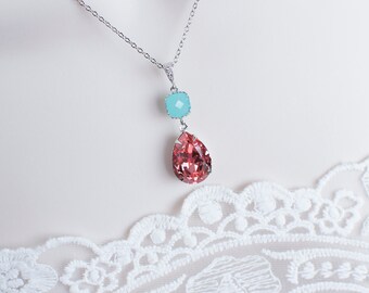 Rose Pfirsich Koralle und blau türkis Swarovski Kristall baumeln Halskette, Koralle-Türkis-Strand-Hochzeit, Brautjungfer Schmuck, Hochzeit