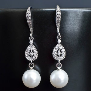 Bridal Earrings, Bridal Pearl Earrings, Dangle Pearl Earrings, Pearl Drop Earrings, White/Ivory Pearl Wedding Earrings image 1