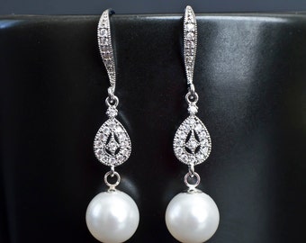 Bridal Earrings, Bridal Pearl Earrings, Dangle Pearl Earrings, Pearl Drop Earrings, White/Ivory Pearl Wedding Earrings
