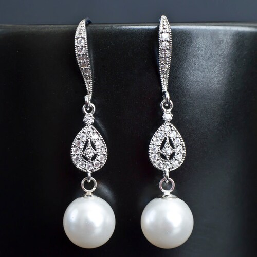 Ivory White Crystal Bridal Earrings Crystal and Pearl Drop - Etsy