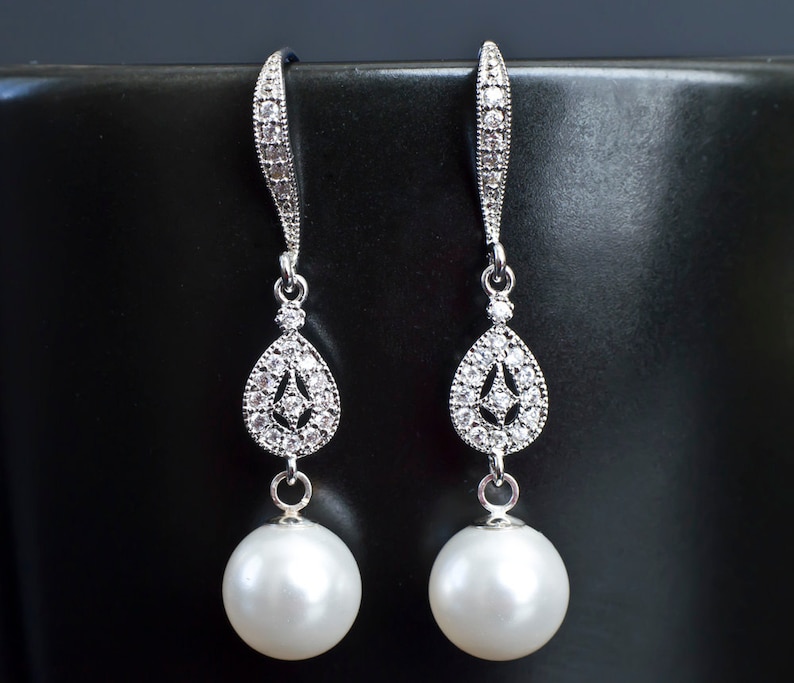 Bridal Earrings, Bridal Pearl Earrings, Dangle Pearl Earrings, Pearl Drop Earrings, White/Ivory Pearl Wedding Earrings image 1