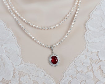 Red Ruby Necklace, Bridal Necklace, Bridal Pearl and Red Ruby Teardrop Necklace, Red Siam Necklace, Wedding Bridal Jewelry