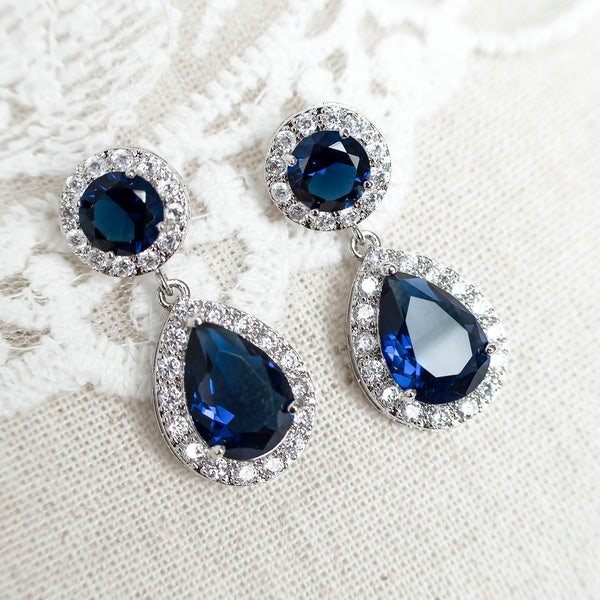 Sapphire Earrings, Blue Sapphire Bridal Earrings, Cubic Zirconia Ear Post and Blue Sapphire Teardrops, Bridesmaids Earrings, Bridal Earrings