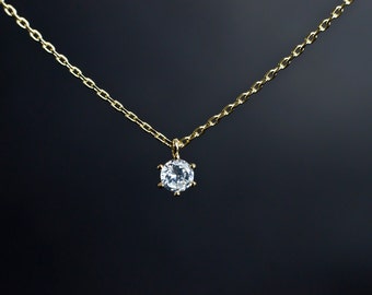 Cubic Zirconia Solitaire Necklace, Gold Plated CZ  Solitaire Necklace, Modern Minimalist Jewelry, Small CZ Dainty Necklace