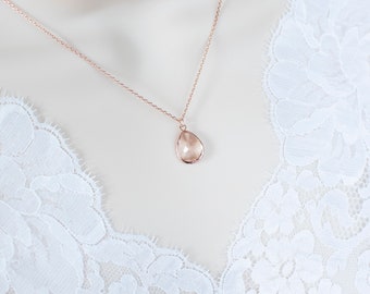 Rose Gold and Champagne Drop Necklace Bridal Necklace Bridesmaid Gift  Rose Gold Drop Necklace Wedding Jewelry Simple Dangle Necklace