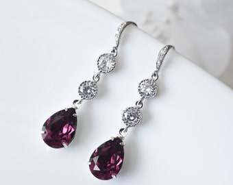 Amethyst Earrings, Bridesmaids  Purple Amethyst Swarovski Teardrop and Cubic Zirconia Earrings, Wedding Jewelry, Dangle Earrings