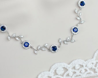 Blaue Saphir-Brauthalskette, Saphir-Brauthalskette, etwas Blaue Hochzeit, blauer Saphir CZ-runde Verbinder und Zweigbaumhalskette
