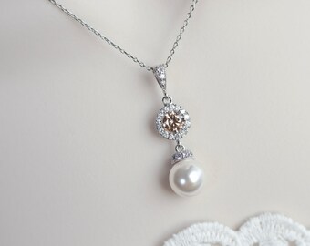 Bridal Necklace, Champagne Cubic Zirconia Necklace, Bridesmaids Necklace, CZ Peach Champagne and White SwarovskiPearl Bridal Necklace