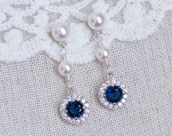 Blue Sapphire Bridal Earrings, Sapphire Bridal Earrings, CZ Blue Sapphire Pearl Stud Earrings, Round CZ Swarovski Pearls Stud Earrings