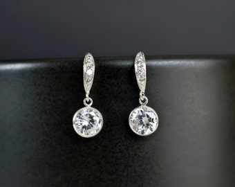 Bridal Earrings, Bridesmaid Earrings Cubic Zirconia Earwires and Cubic Zirconia Crystal Round Bezel Earrings