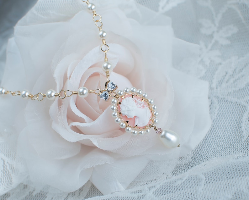 Swarovski Pearl Cameo Necklace, Bridal Vintage Style Cameo Necklace, Coral Lady Cameo Necklace, Victorian Wedding Necklace, Pearl Necklace image 3
