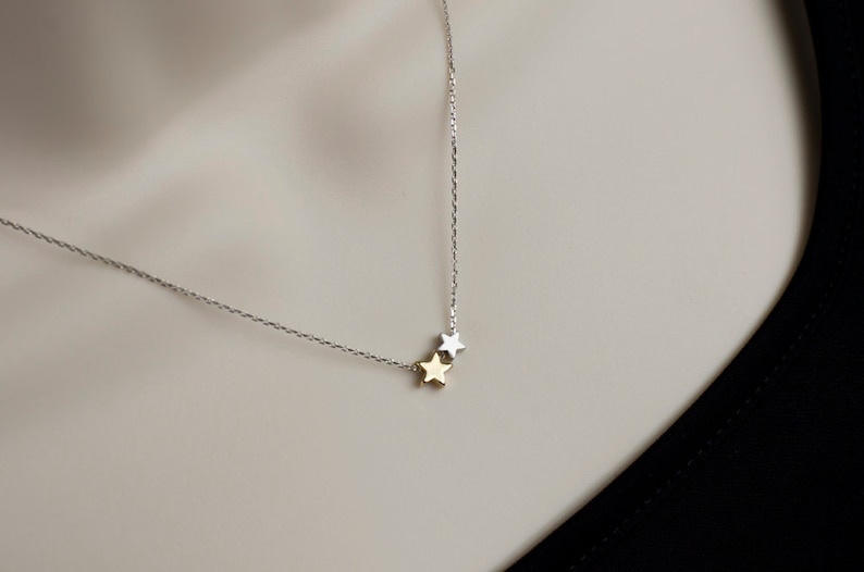 Star Necklace, Tiny Silver Star Charms, Two Stars Necklace, Gold and Silver Stars Necklace, Minimalist, Dainty Small Everyday Jewelry image 2