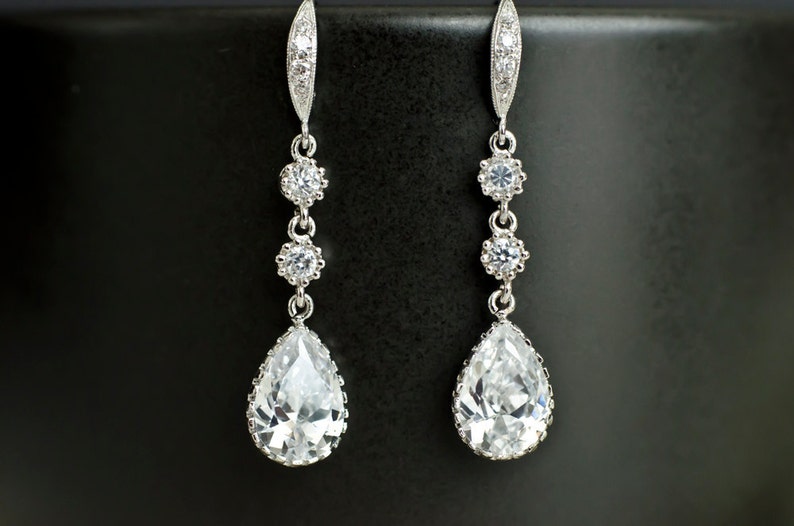 Bridal Earrings Cubic Zirconia Earwires, Cubic Zirconia Connectors and Teardrop Bridal Earrings, Cubic Zirconia Silver Wedding Jewelry image 2