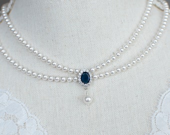 Vintage, Romantic Style Blue Sapphire Necklace, Wedding Pearl and Sapphire CZ Bridal Choker,  Multi Row Vintage Swarovski Pearl Necklace
