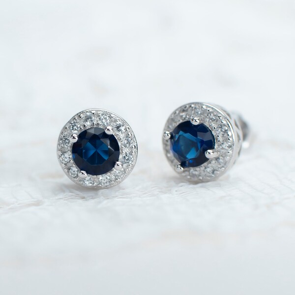 Blue Sapphire Earrings, Sapphire Bridal Earrings, Sterling Silver CZ Blue Sapphire Stud Earrings,Round CZ Stud Earrings,Bridesmaids Earrings