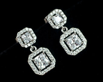 Bridal Earrings, Cubic Zirconia Luxurious Bridal Earrings, Square Cubic Zirconia Stud Dangle Earrings, Bridal Jewery, Bridesmaids Earrings