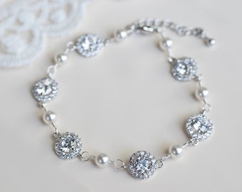 Bracelet de mariée, Bracelet de mariée zircon cubique blanc et perles de Swarovski, bijoux de mariage, CZ perles bijoux de mariée, Bracelet demoiselles d’honneur