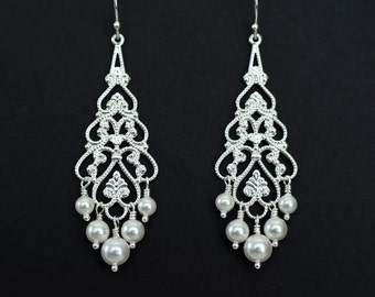 Bridal Earrings, Bridal Jewelry, Wedding Earrings, Bridal Chandelier Earrings, Pearl Chandelier Earrings, Silver Filigree & Swarovski Pearls