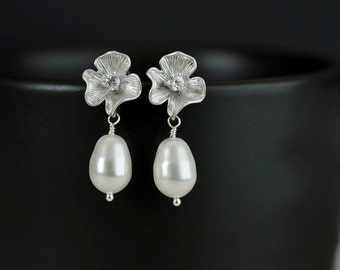 Bridal Earrings, Silver CZ Flower Earrings with White/Ivory 11 mm Swarovski Pear Shape Pearl .925 Sterling Silver Earring Post