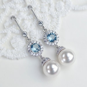 Bridal Earrings, Bridal Pearl and Aquamarine Cubic Zirconia Earrings, CZ and Pearl Earrings, Wedding Jewelry, Bridal Jewelry,Dangle Earrings