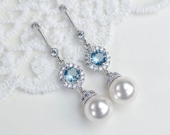 Bridal Earrings, Bridal Pearl and Aquamarine Cubic Zirconia Earrings, CZ and Pearl Earrings, Wedding Jewelry, Bridal Jewelry,Dangle Earrings