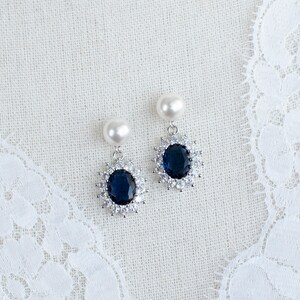 Blue Sapphire Bridal Earrings, Sapphire Bridal Earrings, CZ Blue Sapphire Pearl Stud Earrings, Round CZ Swarovski Pearls Stud Earrings