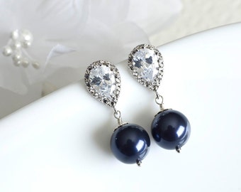 Bridesmaids Navy Blue Swarovski Pearl Earrings, Navy Blue Earrings, Navy Blue Swarovski Pearl and Cubic Zirconia Stud Earrings