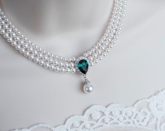 Collana di smeraldi in stile vintage, perle nuziali e girocollo da sposa con smeraldi verdi, collana di perle vintage con smeraldi e zaffiri multifilari