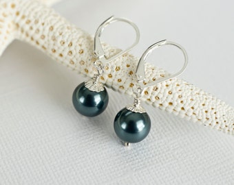 Bridesmaids Tahitian Swarovski Pearls  Earrings in Sterling Silver, Peacock Teal Blue Pearl Earrings