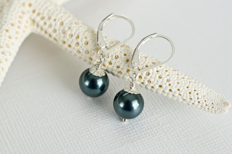 Bridesmaids Tahitian Swarovski Pearls Earrings in Sterling Silver, Peacock Teal Blue Pearl Earrings image 1