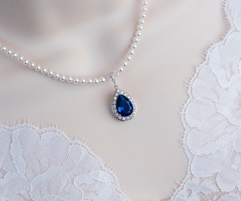 Blue Sapphire CZ Necklace, Bridal Necklace, Bridal Pearl and Blue Sapphire Cubic Zirconia Teardrop Necklace, Something Blue Bridal Jewelry image 3