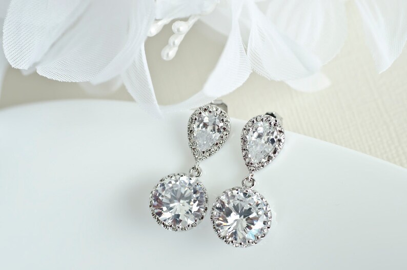 Bridal Earrings Rhodium Plated Cubic Zirconia Ear Posts and Large Cubic Zirconia Round Drops Earrings image 1