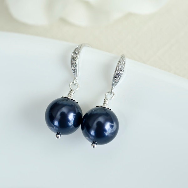 Bridesmaids Navy Blue Swarovski Pearl Earrings in Sterling Silver