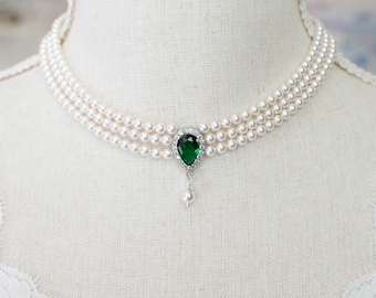 Collana di smeraldi in stile vintage, girocollo da sposa con perle e smeraldi CZ, collana di perle vintage con più file di smeraldi CZ verdi