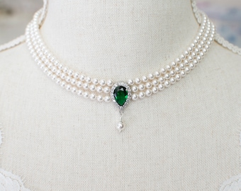 Vintage Style Emerald Necklace, Wedding Pearl and Emerald CZ Bridal Choker, Green Emerald CZ Multi Row Vintage Pearl Necklace