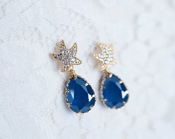 Starfish Earrings, Starfish Bridal Earrings, Royal Blue Swarovski Gold  Starfish Bridal Earrings, Beach Theme Wedding, Wedding Destination