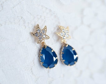 Pendientes de estrella de mar, pendientes de novia de estrella de mar, pendientes de novia de oro Swarovski azul real, boda temática de playa, destino de la boda