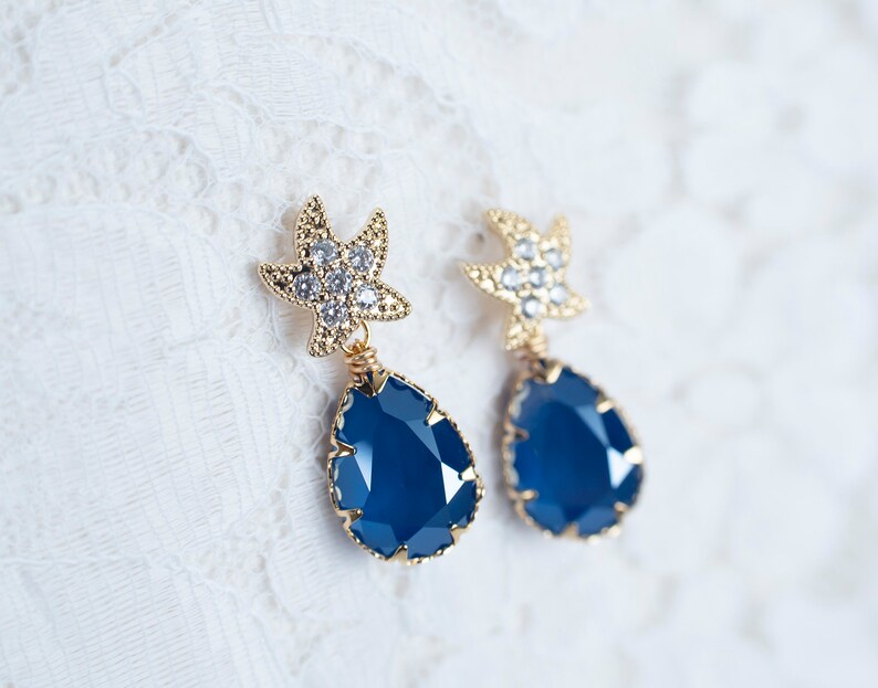 Starfish Earrings, Starfish Bridal Earrings, Royal Blue Swarovski Gold Starfish Bridal Earrings, Beach Theme Wedding, Wedding Destination image 1