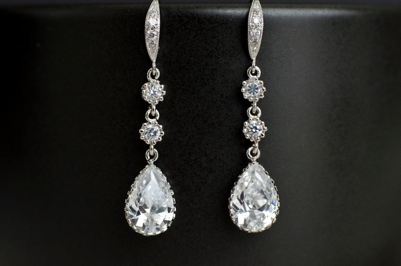 Bridal Earrings Cubic Zirconia Earwires, Cubic Zirconia Connectors and Teardrop Bridal Earrings, Cubic Zirconia Silver Wedding Jewelry image 1