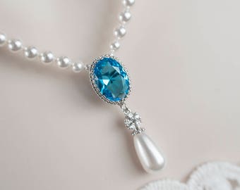 Blue Zircon Bridal Necklace Necklace, Bridal Pearl and Blue Zircon CZ Drop Necklace, Blue Zircon, Turquoise Necklace, Wedding Bridal Jewelry